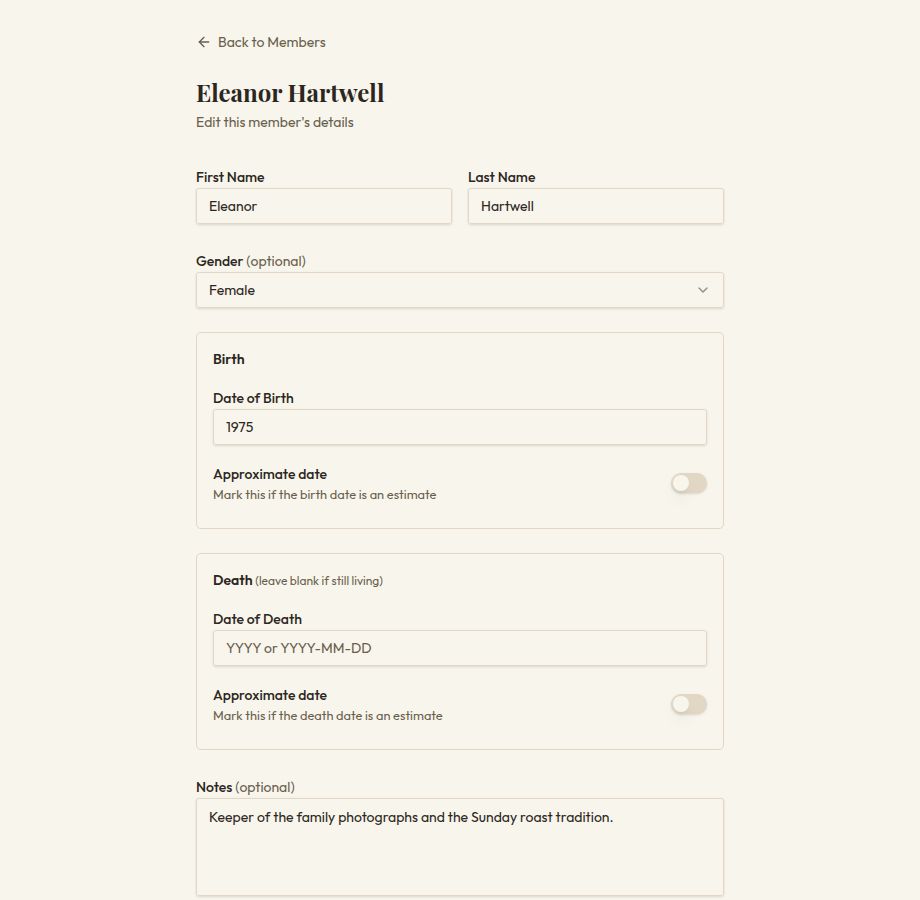 The member detail page showing Eleanor Hartwell's name, gender, birth year and biography notes